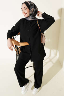 Kendinden Çizgili Gömlekli İkili Takım Siyah - DESTİNA