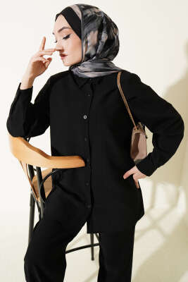 Kendinden Çizgili Gömlekli İkili Takım Siyah - İkili Takım