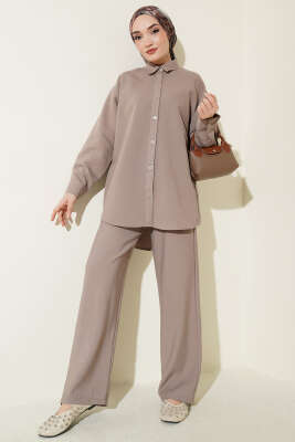 Kendinden Çizgili Gömlekli İkili Takım Vizon - DESTİNA