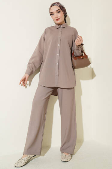 Kendinden Çizgili Gömlekli İkili Takım Vizon - İkili Takım