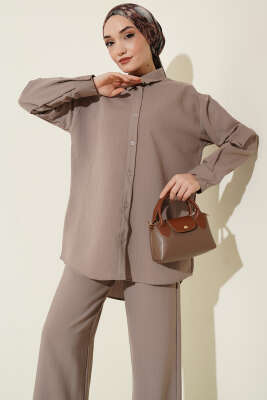 Kendinden Çizgili Gömlekli İkili Takım Vizon - İkili Takım