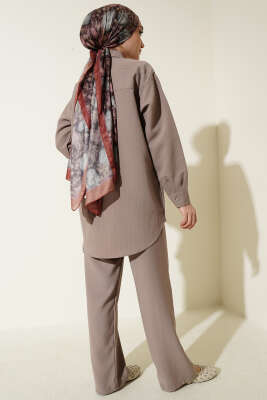 Kendinden Çizgili Gömlekli İkili Takım Vizon - İkili Takım