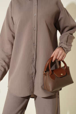 Kendinden Çizgili Gömlekli İkili Takım Vizon - İkili Takım