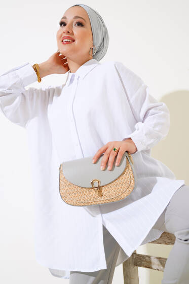 Kendinden Çizgili Salaş Gömlek Beyaz - Gömlek