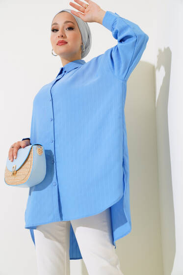 Kendinden Çizgili Salaş Gömlek Mavi - Gömlek