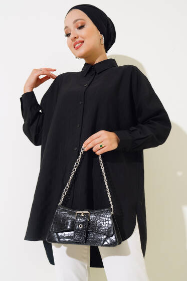 Kendinden Çizgili Salaş Gömlek Siyah - Gömlek