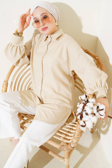 Kendinden Desenli Balon Kol Jakar Gömlek Bej - Gömlek