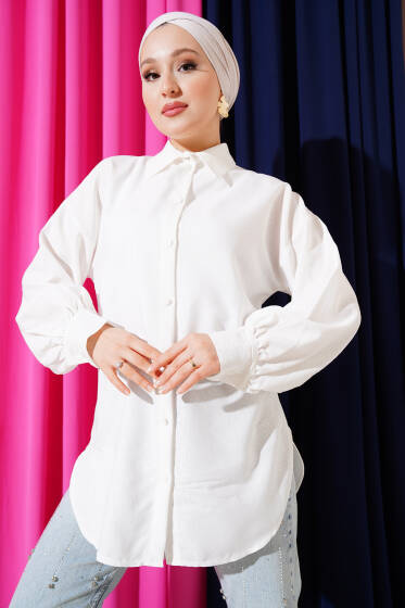 Kendinden Desenli Balon Kol Jakar Gömlek Ekru - Gömlek