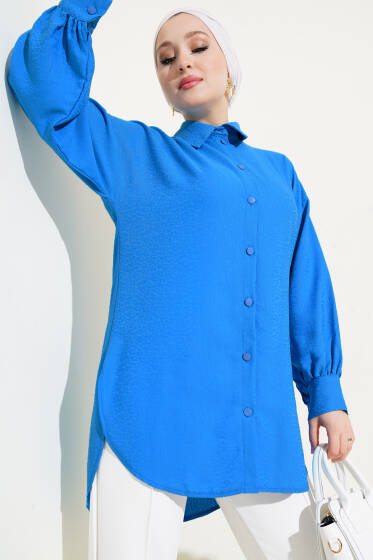 Kendinden Desenli Balon Kol Jakar Gömlek Saks - Gömlek