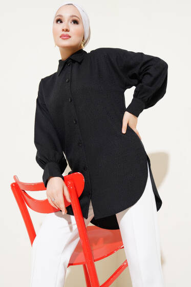 Kendinden Desenli Balon Kol Jakar Gömlek Siyah - Gömlek