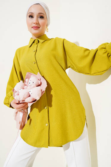 Kendinden Desenli Balon Kol Jakar Gömlek Yağ Yeşili - Gömlek