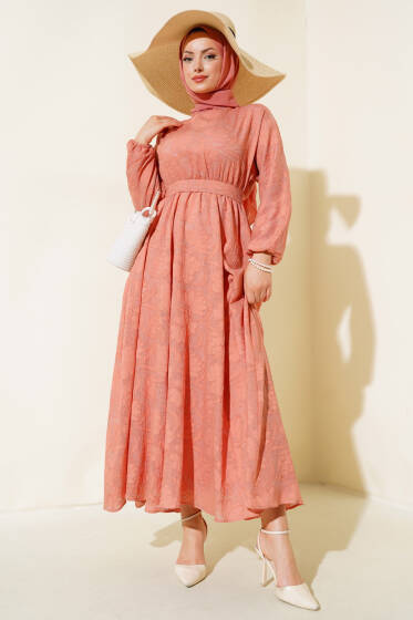 Kendinden Desenli Bel Lastikli Elbise Somon - Elbise