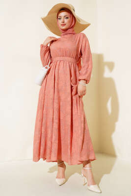 Kendinden Desenli Bel Lastikli Elbise Somon - UKBE