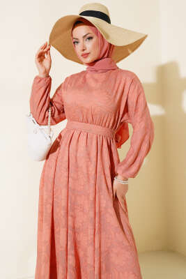 Kendinden Desenli Bel Lastikli Elbise Somon - Tesettür Elbise