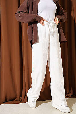 Kendinden Desenli Bel Lastikli Pantolon Beyaz - REYON