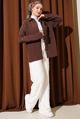 Kendinden Desenli Bel Lastikli Pantolon Beyaz - Pantolon