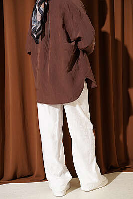 Kendinden Desenli Bel Lastikli Pantolon Beyaz - Pantolon