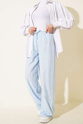 Kendinden Desenli Bel Lastikli Pantolon Buz Mavisi - REYON