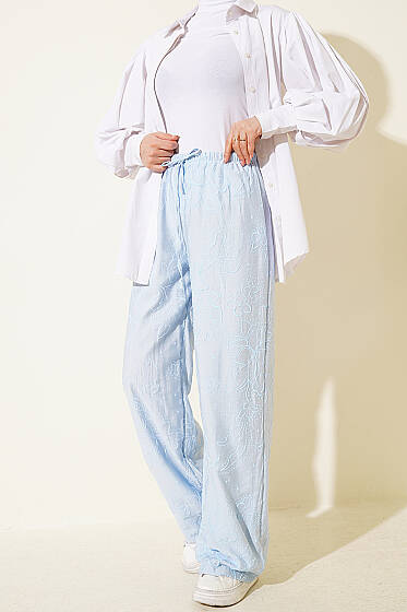 Kendinden Desenli Bel Lastikli Pantolon Buz Mavisi - Pantolon