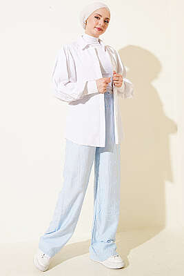 Kendinden Desenli Bel Lastikli Pantolon Buz Mavisi - Pantolon