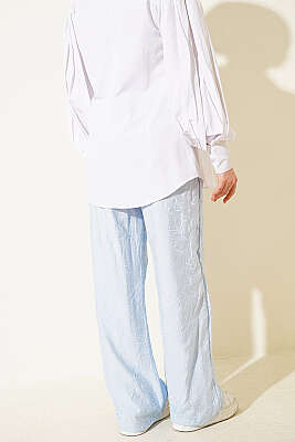 Kendinden Desenli Bel Lastikli Pantolon Buz Mavisi - Pantolon