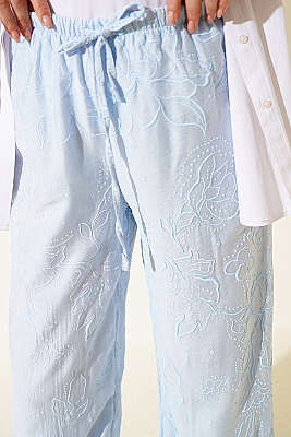 Kendinden Desenli Bel Lastikli Pantolon Buz Mavisi - Pantolon