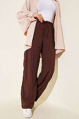 Kendinden Desenli Bel Lastikli Pantolon Kahve - REYON