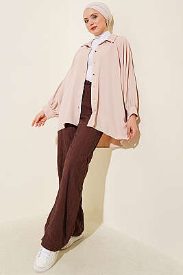 Kendinden Desenli Bel Lastikli Pantolon Kahve - Pantolon