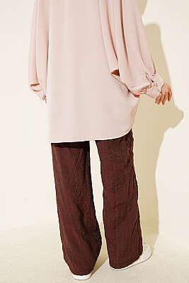 Kendinden Desenli Bel Lastikli Pantolon Kahve - Pantolon