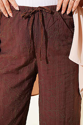 Kendinden Desenli Bel Lastikli Pantolon Kahve - Pantolon