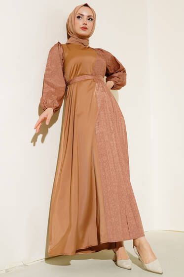 Kendinden Desenli Elbise Camel - Tesettür Elbise