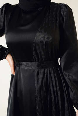 Kendinden Desenli Elbise Siyah - Thumbnail