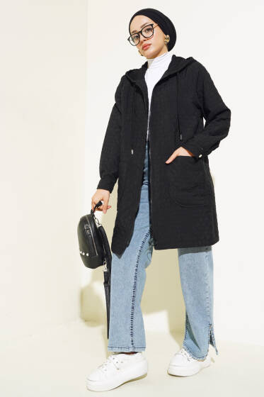 Kendinden Desenli Kapüşonlu Kap Siyah - Dış Giyim&Mont