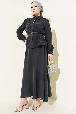 Kendinden Desenli Kemerli Tensel Etekli Takım Füme - İkili Takım