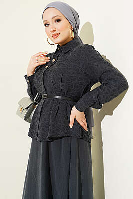 Kendinden Desenli Kemerli Tensel Etekli Takım Füme - İkili Takım