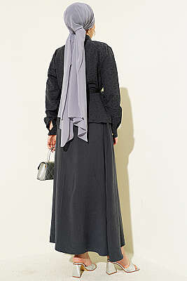 Kendinden Desenli Kemerli Tensel Etekli Takım Füme - İkili Takım