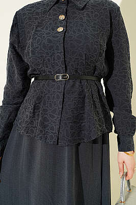 Kendinden Desenli Kemerli Tensel Etekli Takım Füme - İkili Takım