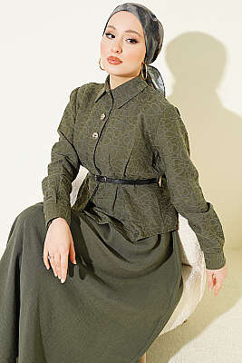 Kendinden Desenli Kemerli Tensel Etekli Takım Haki - MUSTİ