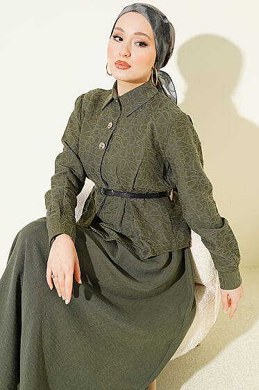 Kendinden Desenli Kemerli Tensel Etekli Takım Haki - İkili Takım