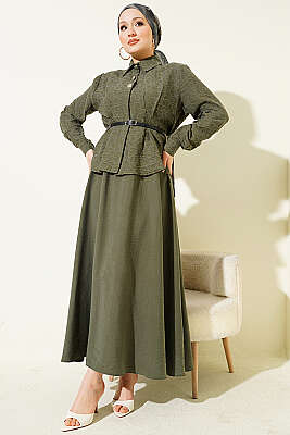 Kendinden Desenli Kemerli Tensel Etekli Takım Haki - İkili Takım