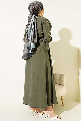 Kendinden Desenli Kemerli Tensel Etekli Takım Haki - İkili Takım