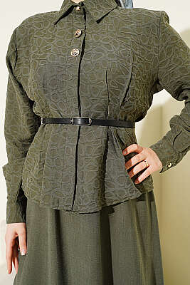 Kendinden Desenli Kemerli Tensel Etekli Takım Haki - İkili Takım