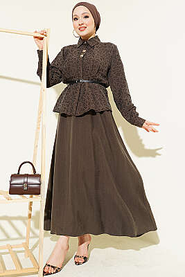 Kendinden Desenli Kemerli Tensel Etekli Takım Koyu Vizon - MUSTİ