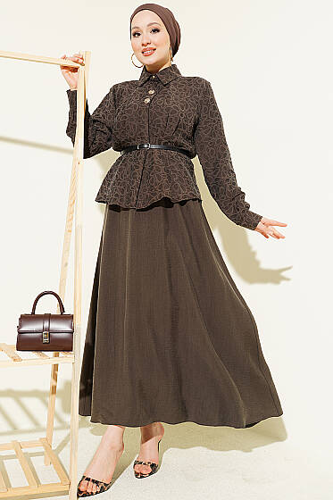 Kendinden Desenli Kemerli Tensel Etekli Takım Koyu Vizon - İkili Takım