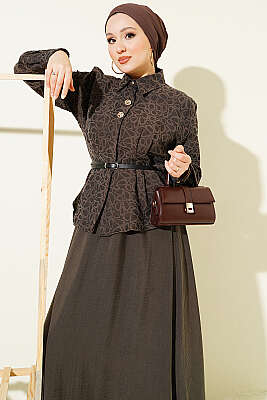 Kendinden Desenli Kemerli Tensel Etekli Takım Koyu Vizon - İkili Takım