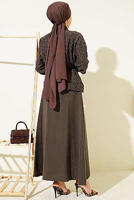 Kendinden Desenli Kemerli Tensel Etekli Takım Koyu Vizon - İkili Takım