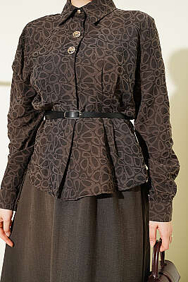 Kendinden Desenli Kemerli Tensel Etekli Takım Koyu Vizon - İkili Takım