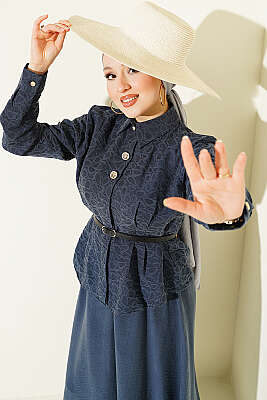 Kendinden Desenli Kemerli Tensel Etekli Takım Lacivert - İkili Takım