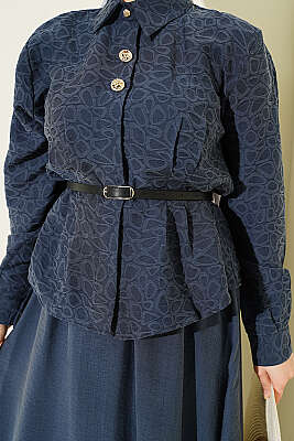 Kendinden Desenli Kemerli Tensel Etekli Takım Lacivert - İkili Takım