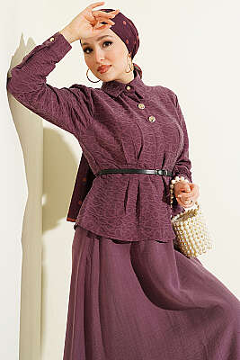 Kendinden Desenli Kemerli Tensel Etekli Takım Mürdüm - MUSTİ